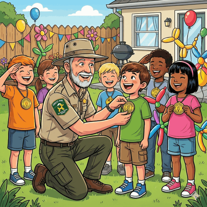 Forest Phil Inducting Junior Rangers Balloon Twisting at Birthday Hamilton