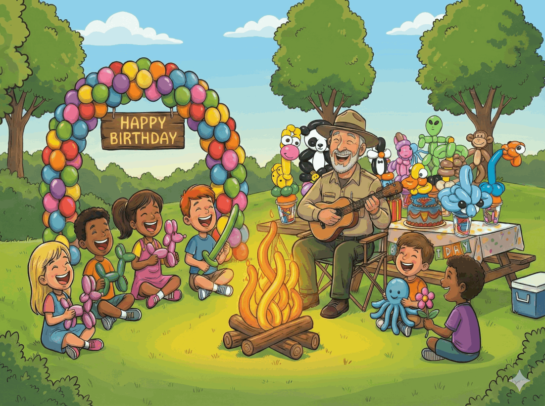 Forest Phil Balloon Ranger Leading a Sing-Along at Birthday Party in Hamilton ON