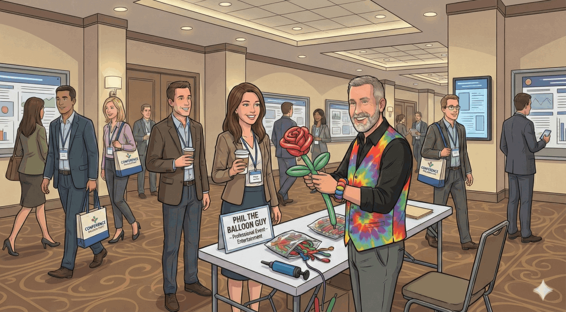 Phil the Balloon Guy Twisting Balloons at a trade showin Ontario